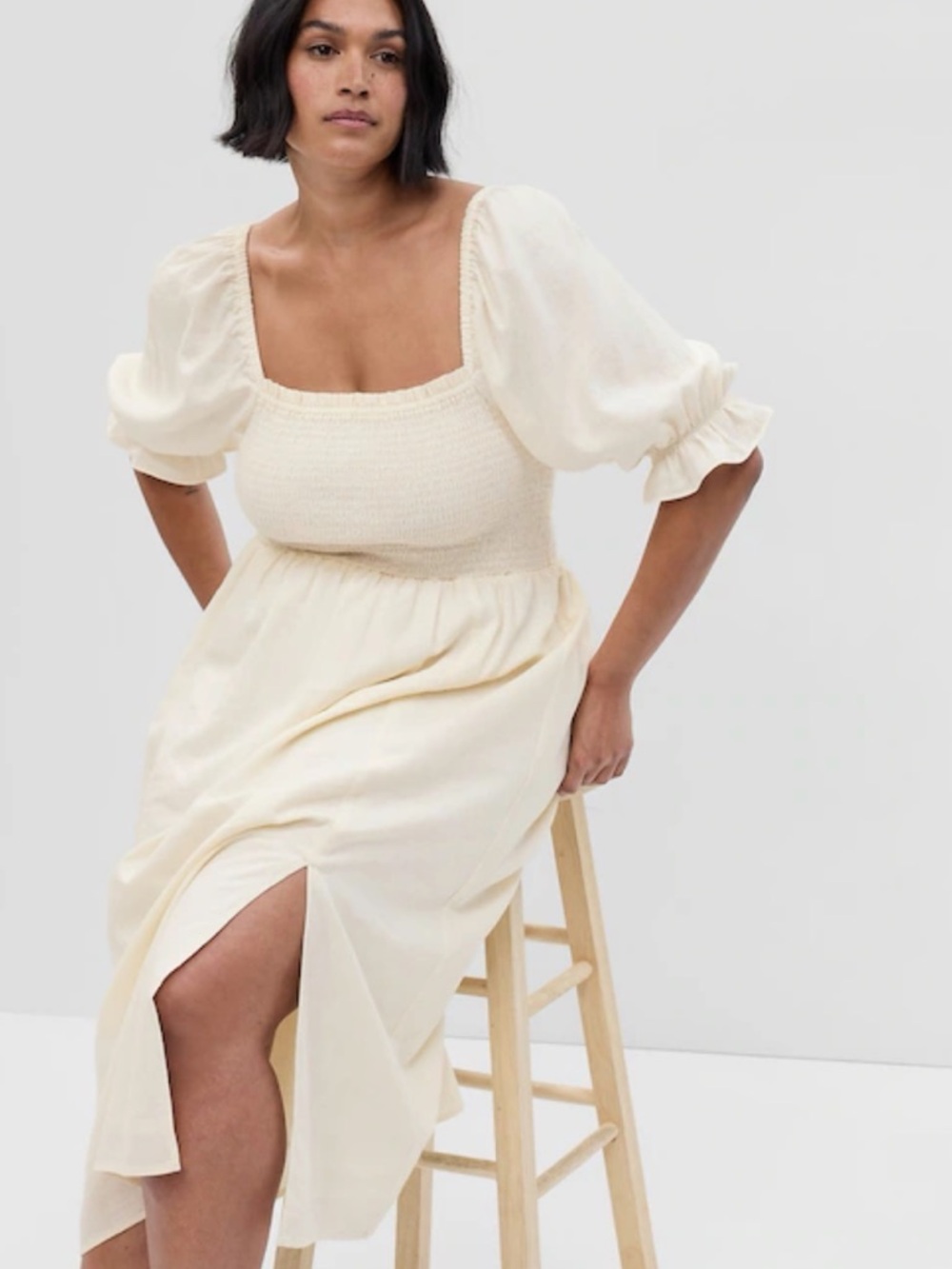 GAP Cream Puff-Sleeve Smocked Midi Dress - Cream
